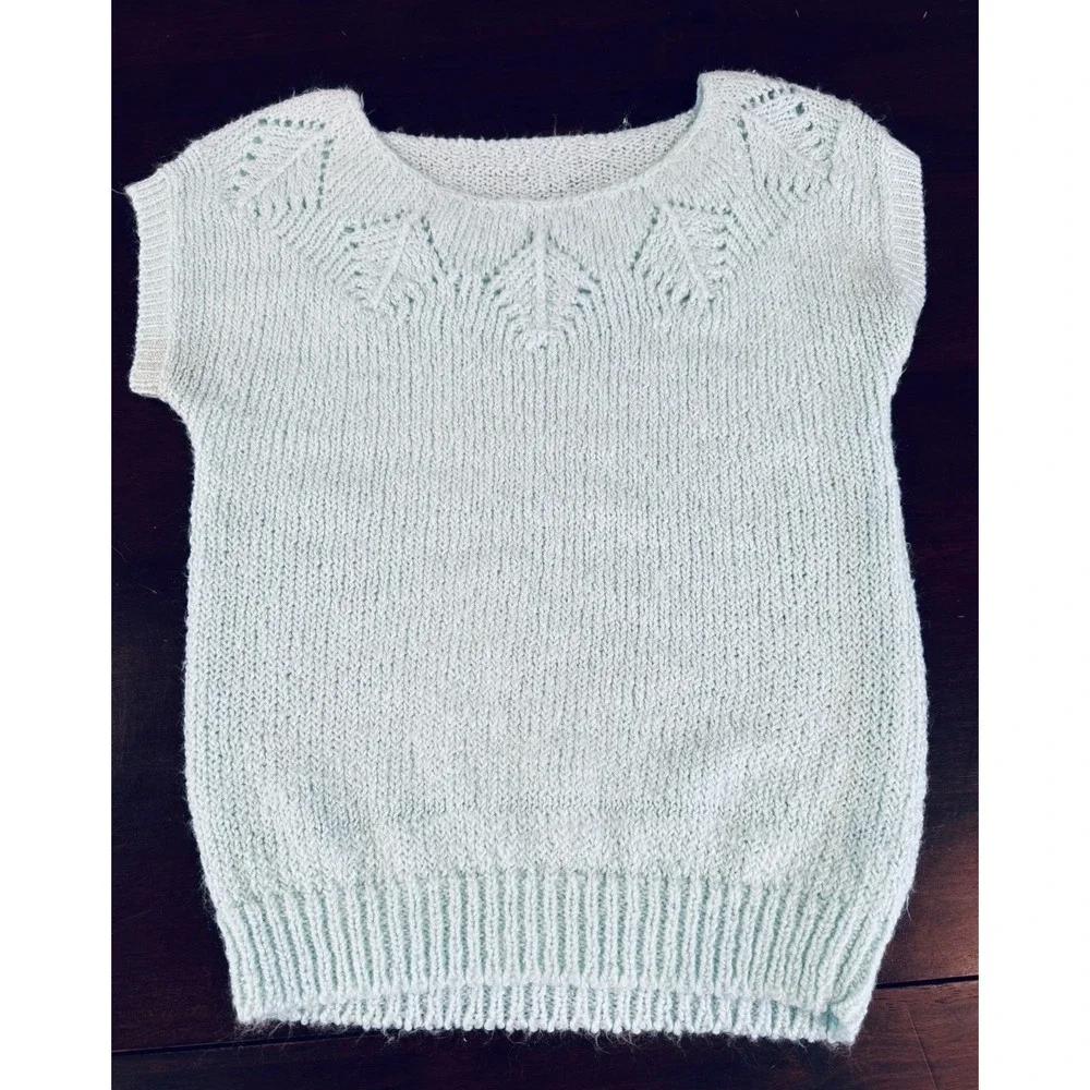 VTG Short Sleeve Sweater Mint Blue‎ Green Pointelle Cottage Lightweight Small